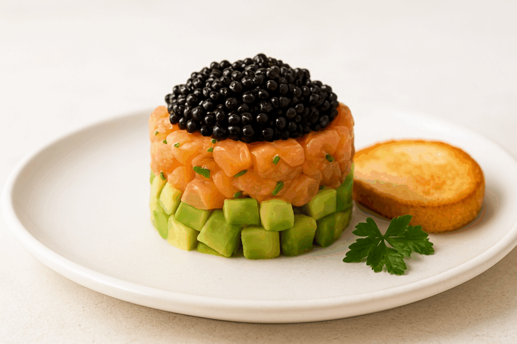 Finom lazac tatár avokádóval és Osietra-kaviárral